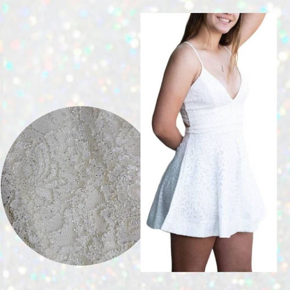 Sparkly White Lacey Textured Spaghetti Strap Mini Short Dress